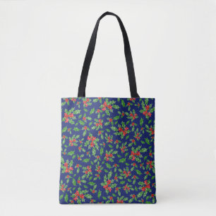 Christmas holly leaves and berries red and green tote bag