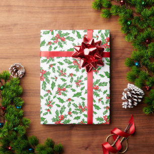 Christmas holly leaves and berries red and green wrapping paper
