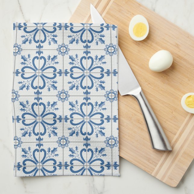 Christmas holly leaves and flowers petals tiles kitchen towel (Quarter Fold)