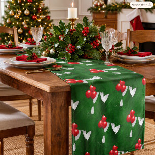 Christmas Holly Leaves and Red Berries on White Short Table Runner
