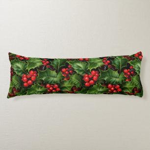 Christmas Holly Leaves And Red Berries Pattern Body Pillow