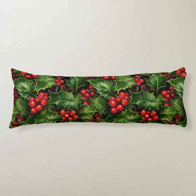 Christmas Holly Leaves And Red Berries Pattern Body Pillow (Front)