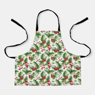 Christmas Holly Leaves And Red Berries Seamless Apron