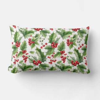 Christmas Holly Leaves And Red Berries Seamless Lumbar Pillow