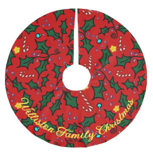 Christmas Holly Leaves Art Pattern Family Name Brushed Polyester Tree Skirt
