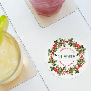 Christmas Holly Leaves & Berries Merry Christmas  Round Paper Coaster