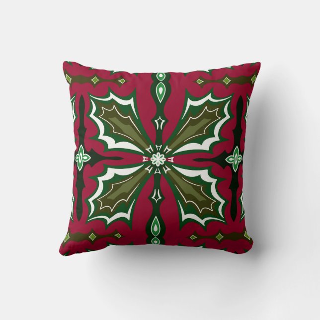 Christmas Holly Leaves Red and Green Throw Pillow (Back)