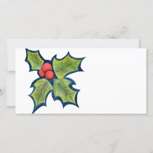 Christmas Holly Leaves, Red Berries Holiday Card