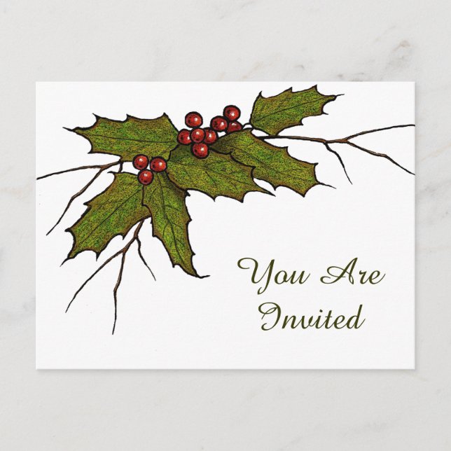 Christmas Holly Leaves, Twigs, Berries: Art Postcard (Front)