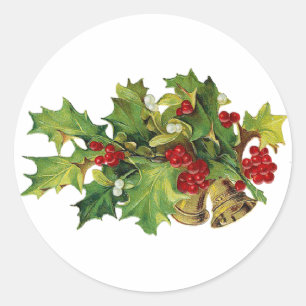 Christmas Holly, MIsteltoe and Brass Bells Classic Round Sticker