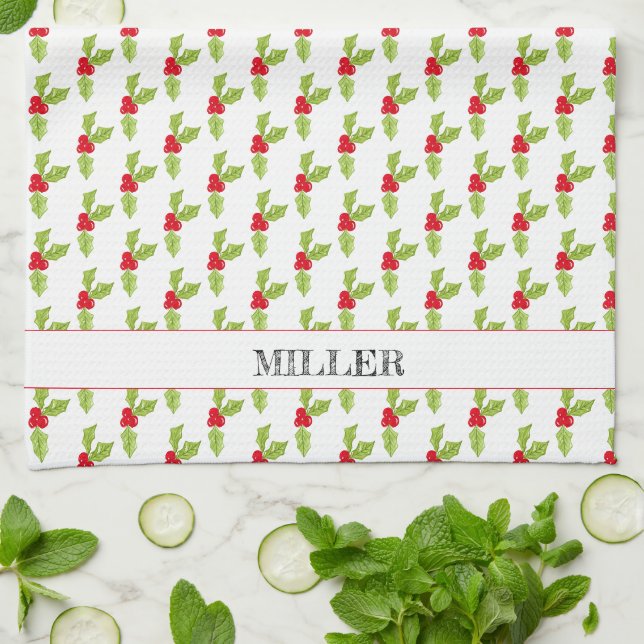 Christmas Holly Mistletoe Pattern NAME Joy Festive Kitchen Towel (Folded)