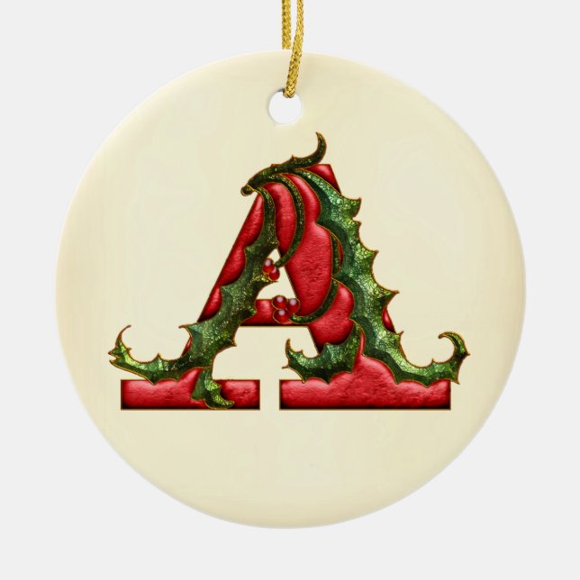 Christmas Holly Monogram A Ceramic Ornament (Front)