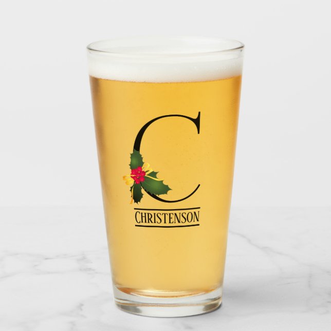 Christmas Holly Monogram C Personalized Beer Glass (Front Filled)