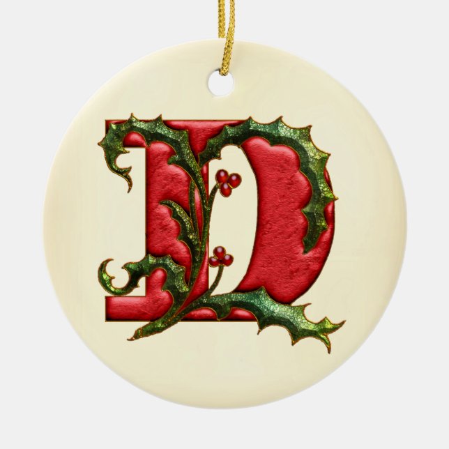 Christmas Holly Monogram D Ceramic Ornament (Front)