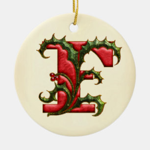Christmas Holly Monogram F Ceramic Ornament