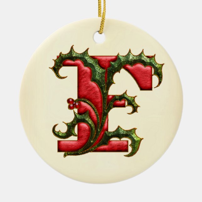 Christmas Holly Monogram F Ceramic Ornament (Front)