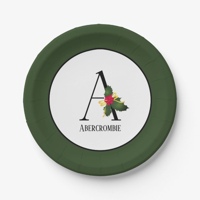 Christmas Holly Monogram Initial A Paper Plate (Front)
