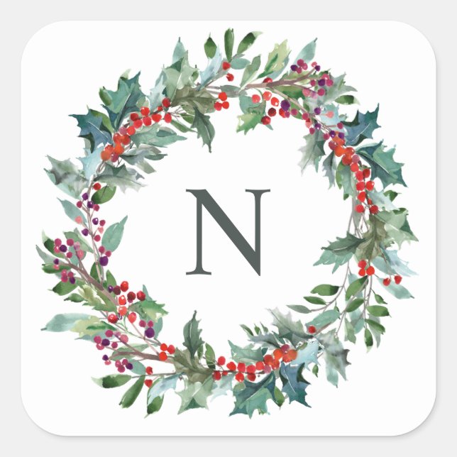 Christmas Holly Monogram Initial Sticker (Front)