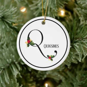 Christmas Holly Monogram Letter Q Ceramic Ornament