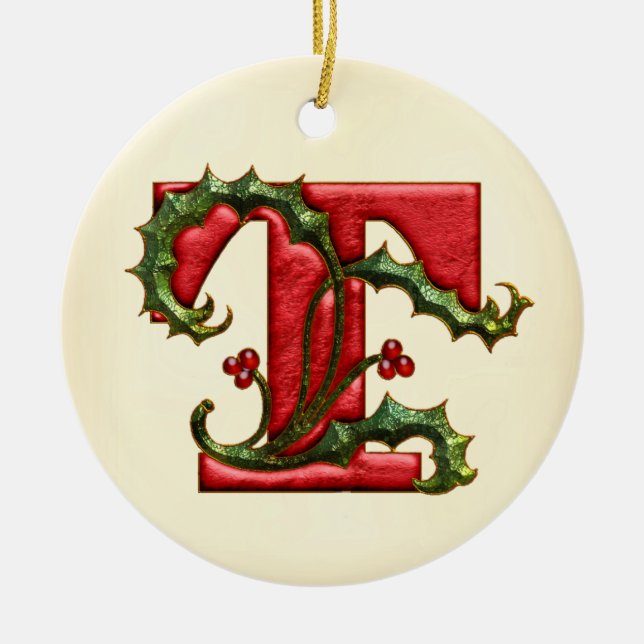Christmas Holly Monogram T Ceramic Ornament (Front)
