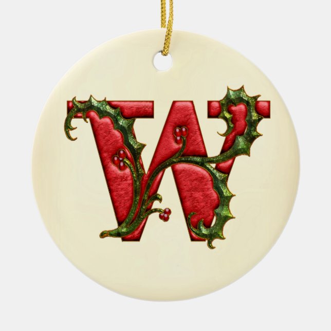 Christmas Holly Monogram W Ceramic Ornament (Front)