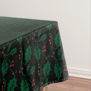 Christmas Holly on Festive Green Faux Burlap Tablecloth