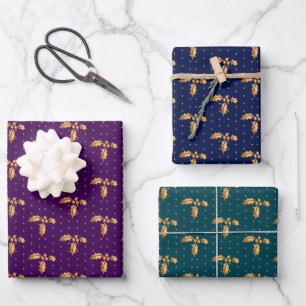 Christmas Holly on Purple, Navy and Teal Wrapping Paper Sheet
