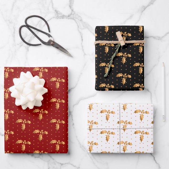 Christmas Holly on Red, Black and White Wrapping Paper Sheet (Front)