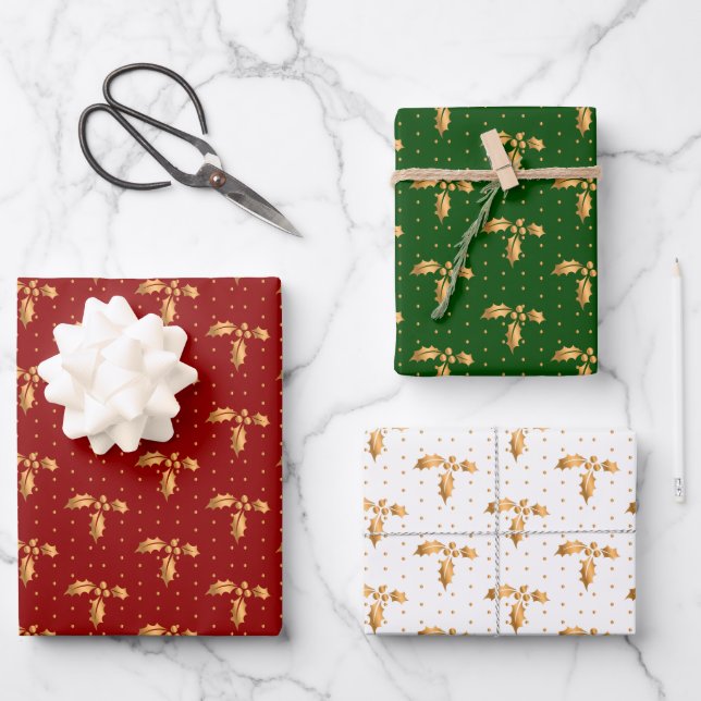 Christmas Holly on Red, Green and White Wrapping Paper Sheet (Front)