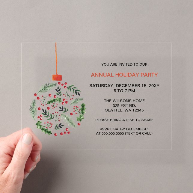 Christmas Holly Ornament Holiday Party Acrylic Invitations (Insitu (Handheld))