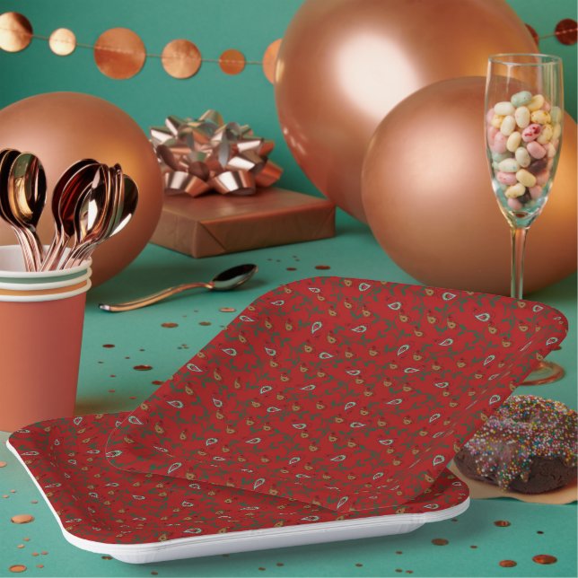 Christmas Holly Paisley Rich Red Paper Plate (Multi)