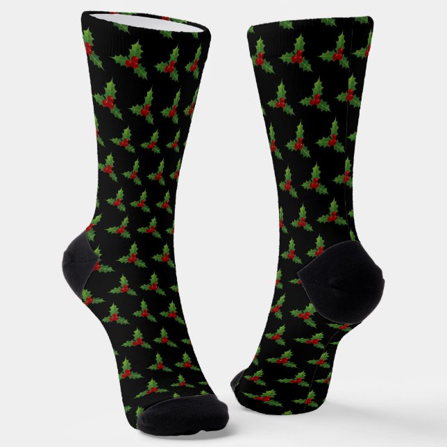 Christmas Holly Pattern Black Socks (Angled)
