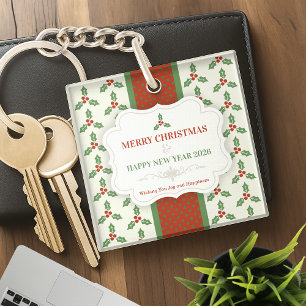 Christmas Holly Pattern Green Holly Red Berries Keychain