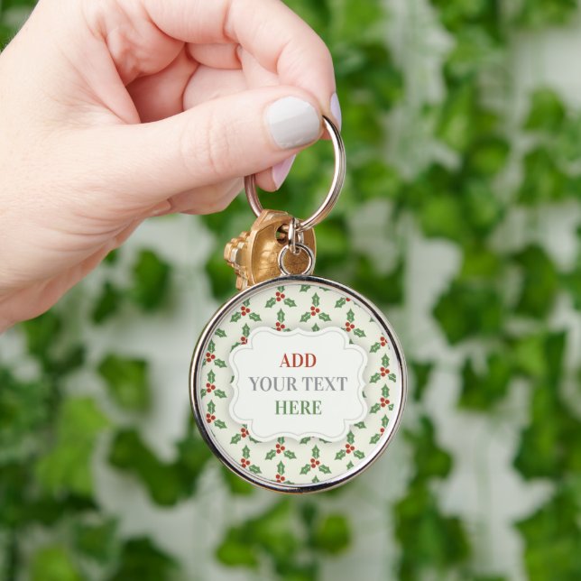 Christmas Holly Pattern Green Holly Red Berries Keychain (Hand)
