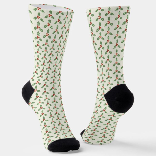 Christmas Holly Pattern Green Holly Red Berries Socks (Angled)