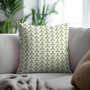 Christmas Holly Pattern Green Holly Red Berries Throw Pillow
