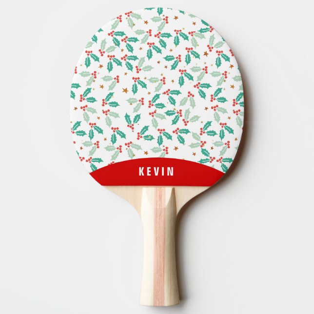 Christmas Holly Pattern Monogram Ping Pong Paddle (Back)