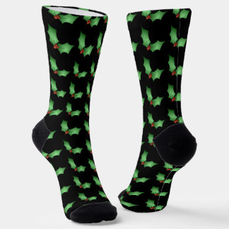 Christmas Holly Pattern on Black Socks