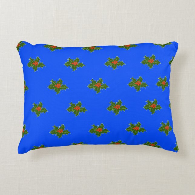 Christmas Holly pattern on blue background Accent Pillow (Front)