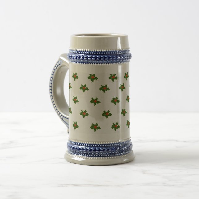 Christmas Holly Pattern Red Berries Green Leaves Beer Stein (Front Left)