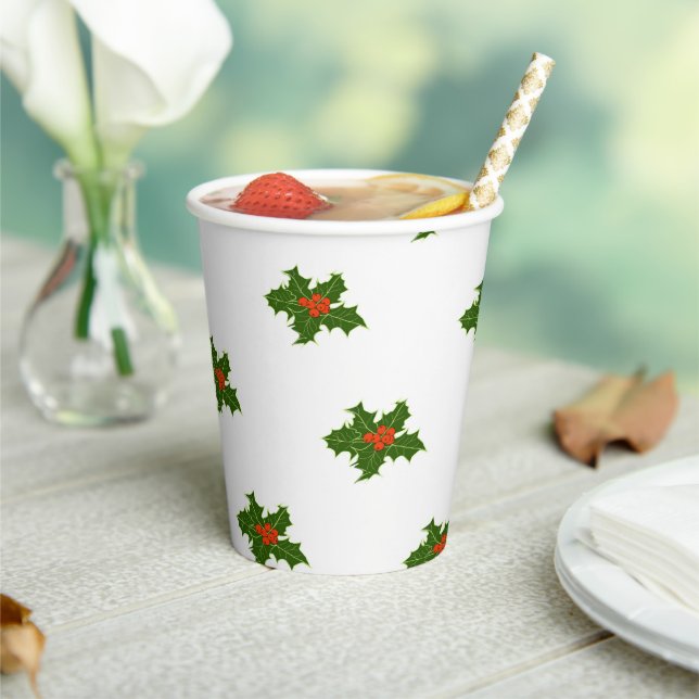 Christmas Holly Pattern Red Berries Green Leaves Paper Cups (Insitu)