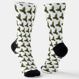 Christmas Holly Pattern White Socks