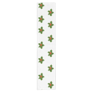 Christmas Holly Pattern With Red Berries on White Short Table Runner