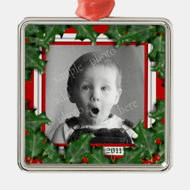 Christmas Holly, Photo Frame, Red Ribbon Ornament (Front)