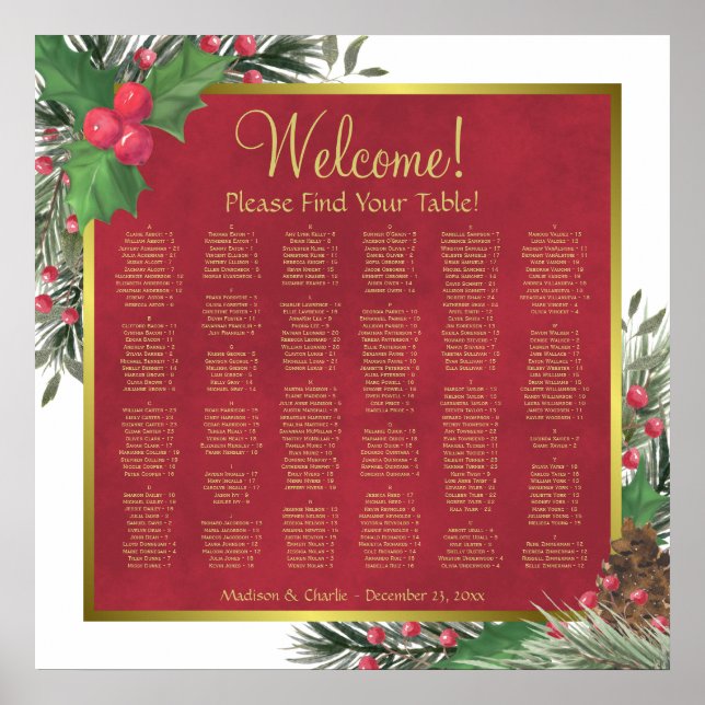 Christmas Holly & Pine Alphabetical Seating Chart (Front)
