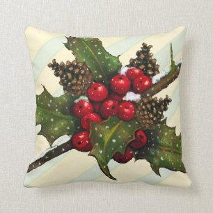 Christmas Holly, Pine Cones, Berries, Stripes Throw Pillow