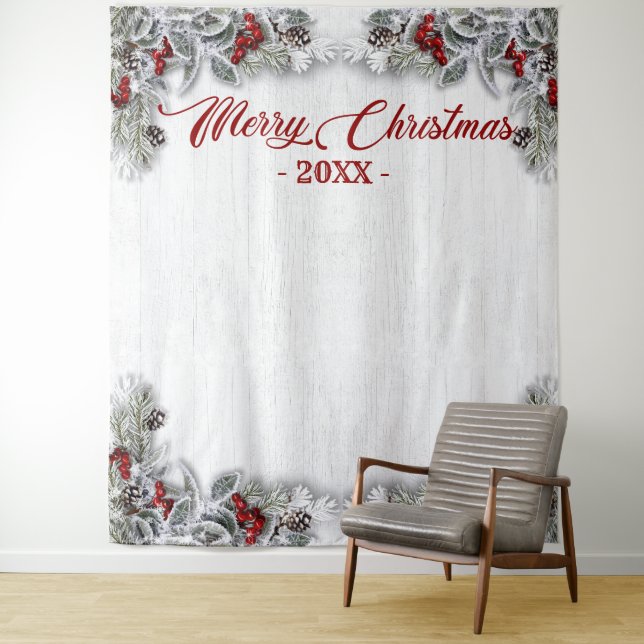 Christmas Holly Pine Rustic Photo Booth Backdrop Tapestry (In Situ)