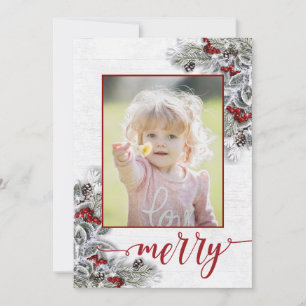 Christmas Holly Pine Rustic Photo Greeting Holiday Card