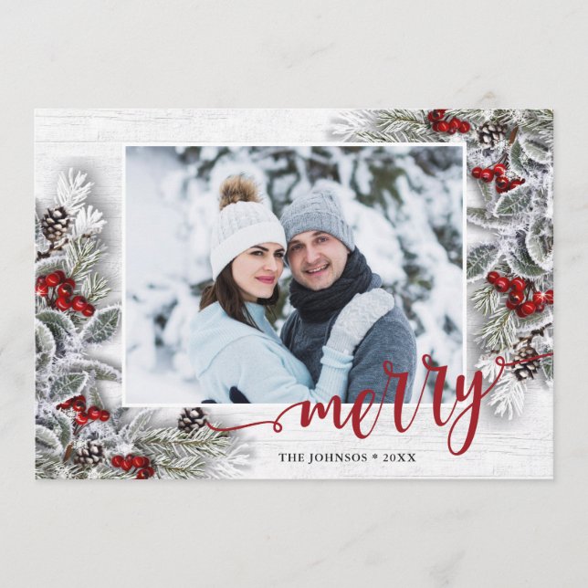 Christmas Holly Pine Rustic Photo Holiday Card (Front)