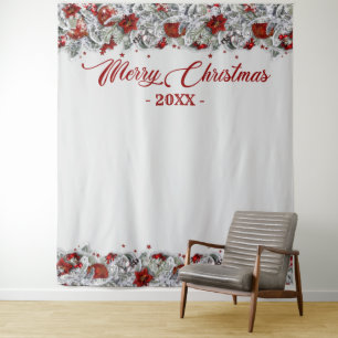 Christmas Holly Poinsettia Photo Booth Backdrop Tapestry